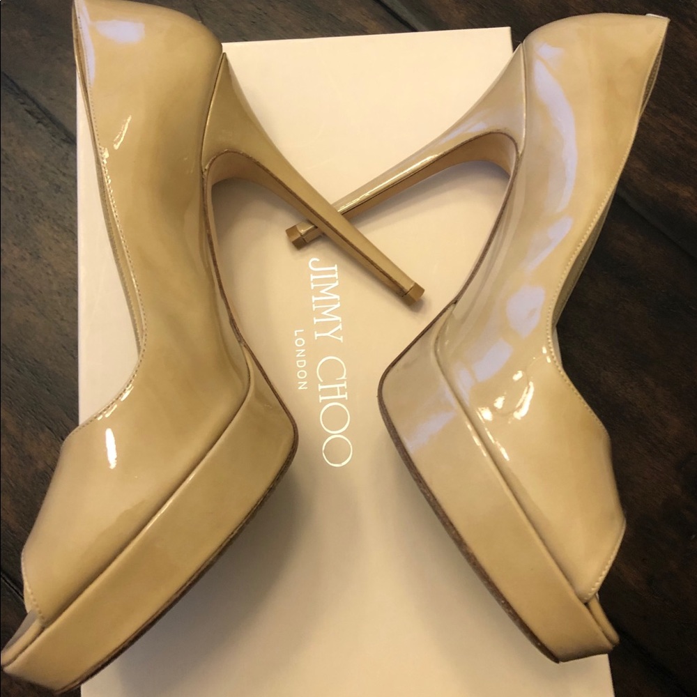 Jimmy Choo Beige Patent Leather Peep Toe Pump